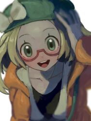 1girl :d bianca_(pokemon) blonde_hair bow collarbone creatures_(company) eyelashes game_freak glasses green_eyes green_hat hand_up happy hashtag-only_commentary hat hat_bow jacket leaning_forward nintendo open_clothes open_jacket open_mouth orange_jacket pokemon pokemon_bw2 red-framed_eyewear rinrinohoukai semi-rimless_eyewear shirt simple_background smile solo teeth tongue upper_body upper_teeth_only white_background white_bow