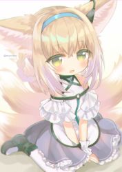 Rule 34 | 1girl, animal ear fluff, animal ears, arknights, bad id, bad pixiv id, bare shoulders, between legs, black footwear, blonde hair, blouse, blue hairband, blush, boots, braid, braided hair rings, brown eyes, commentary request, frilled skirt, frills, hair between eyes, hair rings, hairband, hand between legs, infection monitor (arknights), looking at viewer, mashiro miru, multicolored hair, multiple tails, open mouth, pantyhose, purple skirt, shirt, sitting, skirt, solo, suzuran (arknights), tail, twitter username, two-tone hair, wariza, white hair, white pantyhose, white shirt