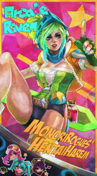 Rule 34 | 1girl, :&lt;, absurdres, ahri (league of legends), alternate costume, animal ears, arcade ahri, arcade miss fortune, arcade riven, arcade sona, artist name, belt buckle, bike shorts, breasts, buckle, character name, chibi, chibi inset, cleavage, commentary, eyelashes, fox ears, green hair, headphones, helmet, highres, huge filesize, league of legends, lipstick, makeup, medium breasts, miss fortune (league of legends), monori rogue, parted lips, purple eyes, riven (league of legends), scarf, short hair, shorts, solo focus, sona (league of legends), star (symbol)