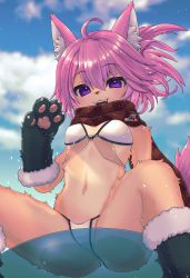 Rule 34 | 1girl, :3, absurdres, ahoge, animal ear fluff, animal hands, bikini, blue sky, body fur, boots, borrowed character, breasts, claws, cloud, cloudy sky, commission, fangs, female focus, fewer digits, fur-trimmed boots, fur-trimmed gloves, fur trim, furry, furry female, gloves, highres, innertube, looking at viewer, medium breasts, navel, open mouth, outdoors, partially visible vulva, paw gloves, pawpads, pink hair, purple eyes, racal ra, scarf, sitting, sky, solo, swim ring, swimsuit, teeth, twitter username, vrchat, white bikini