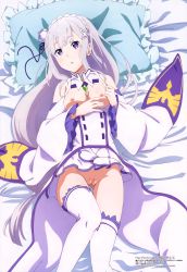 Rule 34 | 10s, 1girl, absurdres, bed sheet, blush, bottomless, braid, breasts, breasts out, butterfly hair ornament, cleft of venus, detached sleeves, dress, emblem, emilia (re:zero), female focus, flower, french braid, frilled pillow, frills, from above, gem, green gemstone, hair flower, hair ornament, hair ribbon, highres, lace, lace-trimmed legwear, lace trim, light purple hair, long hair, long sleeves, low-tied long hair, lying, nipples, nude filter, on back, pillow, pointy ears, purple eyes, pussy, re:zero kara hajimeru isekai seikatsu, ribbon, showgirl skirt, sidelocks, silver hair, skirt, solo, tanaka kazuma, thighhighs, third-party edit, turtleneck, uncensored, white thighhighs, wide sleeves