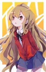 Rule 34 | 1girl, aisaka taiga, arms behind back, artist request, black ribbon, blazer, blue skirt, border, brown eyes, brown hair, closed mouth, collared shirt, commentary request, cowboy shot, hair between eyes, highres, jacket, leaning forward, long hair, long sleeves, neck ribbon, outside border, red jacket, ribbon, shirt, skirt, solo, standing, toradora!, v-shaped eyebrows, very long hair, white border, white shirt, yellow background