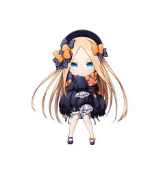 Rule 34 | 1girl, abigail williams (fate), black bow, black dress, black footwear, black hat, blonde hair, bloomers, blue eyes, blush, bow, bug, butterfly, chibi, dress, fate/grand order, fate (series), forehead, hair bow, hat, highres, hugging object, insect, kuena, long hair, long sleeves, looking at viewer, mary janes, orange bow, parted bangs, parted lips, polka dot, polka dot bow, shoes, simple background, sleeves past fingers, sleeves past wrists, solo, stuffed animal, stuffed toy, teddy bear, underwear, very long hair, white background, white bloomers