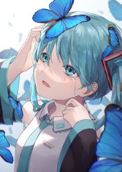 Rule 34 | 1girl, aqua eyes, aqua hair, aqua necktie, ashika (yftcc948), black sleeves, blue nails, bug, butterfly, butterfly on head, clothes writing, collared shirt, copyright name, crying, crying with eyes open, detached sleeves, female focus, grey shirt, hand on own head, hatsune miku, highres, insect, long hair, long sleeves, nail polish, necktie, open mouth, shirt, simple background, solo, streaming tears, tears, twintails, upper body, vocaloid, white background