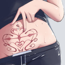 Rule 34 | 1girl, close-up, commentary request, groin, mole, mole on stomach, nail polish, navel, navel piercing, original, oyakomastar, piercing, pubic tattoo, solo, spread navel, stomach, sweat, tattoo