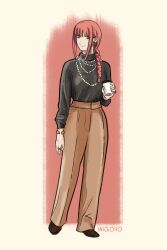 Rule 34 | 1girl, absurdres, artist name, bead necklace, beads, black shirt, bracelet, braid, breasts, brown pants, casual, chainsaw man, coffee cup, commentary, cup, disposable cup, earrings, english commentary, full body, hair over shoulder, highres, holding, holding cup, inigoiio, jewelry, long sleeves, makima (chainsaw man), medium breasts, necklace, orange eyes, orange hair, pants, ring, ringed eyes, shirt, single braid, smile, solo, turtleneck