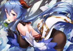 Rule 34 | 1girl, ahoge, ass, bare shoulders, blue hair, blush, bodysuit, breasts, detached sleeves, flower, ganyu (genshin impact), genshin impact, gloves, gold trim, horns, leaning, leaning forward, long hair, looking at viewer, pantyhose, red eyes, shiny clothes, shiny skin, solo, very long hair, waist cape, xfate