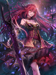 Rule 34 | 1girl, bare shoulders, breasts, choker, cleavage, cowboy shot, dress, elbow gloves, essual (layer world), fingerless gloves, gloves, half updo, highres, holding, holding sword, holding weapon, layered dress, long hair, medium breasts, nail polish, original, parted lips, red dress, red hair, smile, solo, sword, very long hair, weapon, yellow eyes