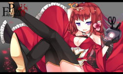 Rule 34 | 1girl, boots, breasts, cleavage, copyright name, detached sleeves, flower, gloves, hair flower, hair ornament, large breasts, letterboxed, long hair, looking at viewer, pixiv fantasia, pixiv fantasia fallen kings, pointy ears, purple eyes, red hair, saru, skull, solo, thigh boots, thighhighs