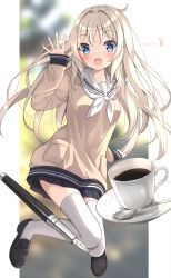 Rule 34 | 1girl, :d, bad id, bad pixiv id, black footwear, black skirt, blue eyes, blush, brown shirt, coffee, commentary request, cup, fang, full body, hair between eyes, hand up, highres, huyunora, light brown hair, loafers, long hair, long sleeves, neckerchief, nib pen (object), open mouth, original, pen, pleated skirt, sailor collar, saucer, school uniform, serafuku, shirt, shoes, signature, skirt, sleeves past wrists, smile, solo, spoon, thighhighs, twitter username, very long hair, white neckerchief, white sailor collar, white thighhighs