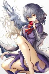 Rule 34 | 1girl, apple, bare legs, bow, brooch, closed mouth, collared shirt, feathered wings, food, fruit, hair between eyes, hand to own mouth, holding, holding food, houdukixx, jacket, jewelry, kishin sagume, knee up, legs, long sleeves, looking at viewer, nose, red bow, red eyes, shirt, short hair, silver hair, single wing, solo, thighs, touhou, white background, white hair, wings