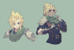 Rule 34 | 1boy, armor, black gloves, blonde hair, blue eyes, blue shirt, cloud strife, crisis core final fantasy vii, final fantasy, final fantasy vii, gloves, green background, green scarf, harness, looking at viewer, male focus, multiple views, parted lips, rolling eyes, scarf, shinra infantry uniform, shirt, short hair, shoulder armor, solo, spiked hair, square enix, tpqmsrp, upper body