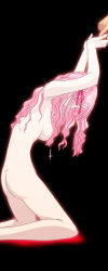 Rule 34 | 1girl, black background, covered eyes, covered mouth, cross, cupping hands, dimples of venus, face down, from side, high priest (ragnarok online), inverted cross, jewelry, mr.romance, necklace, nude, original, own hands together, pink hair, ragnarok online, simple background, solo, solo focus, wavy hair
