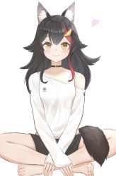 Rule 34 | 1girl, absurdres, animal ear fluff, animal ears, bare legs, barefoot, black choker, black hair, black shorts, blush, breasts, casual, choker, closed mouth, clothing cutout, collarbone, commentary, crossed arms, crossed legs, full body, hair flaps, hair ornament, highres, hololive, indian style, long hair, long sleeves, looking at viewer, medium breasts, multicolored hair, official alternate costume, ookami mio, ookami mio (casual), orange eyes, paw print, red hair, shirt, short shorts, shorts, shoulder cutout, simple background, sitting, smile, solo, streaked hair, tail, time is money3120, two-tone hair, virtual youtuber, white background, white shirt, wolf ears, wolf tail