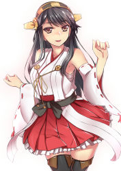 Rule 34 | 10s, 1girl, bad id, bad pixiv id, bare shoulders, black hair, boots, brown eyes, cowboy shot, detached sleeves, hair ornament, hairband, hairclip, haruna (kancolle), headgear, highres, japanese clothes, kantai collection, long hair, looking at viewer, nontraditional miko, petticoat, pleated skirt, red skirt, ribbon-trimmed sleeves, ribbon trim, sarashi, sash, skirt, solo, thigh boots, thighhighs, tiha, wide sleeves