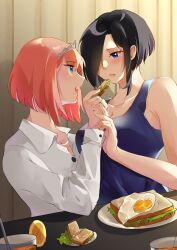 Rule 34 | 2girls, absurdres, ark royal (azur lane), ark royal (kancolle), azur lane, black hair, blue eyes, blue tank top, bob cut, crossover, eye contact, food, fried egg, fried egg on toast, hair over one eye, highres, historical name connection, holding, holding food, inverted bob, kantai collection, looking at another, multiple girls, name connection, plate, red hair, sandwich, shirt, short hair, skyxnn, tank top, tiara, white shirt, yuri