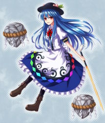 Rule 34 | 1girl, blue hair, boots, bow, female focus, food, fruit, hat, highres, hinanawi tenshi, keystone, leaf, long hair, peach, red eyes, smile, solo, sword of hisou, take5321, touhou