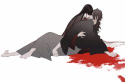 Rule 34 | 1boy, 1girl, barefoot, black hair, black kimono, blank stare, blood, blood splatter, blunt bangs, death, empty eyes, facing away, fate/grand order, fate (series), full body, grey hakama, hakama, highres, hug, japanese clothes, kimono, long hair, low ponytail, oryou (fate), parted lips, red eyes, red kimono, sakamoto ryouma (fate), simple background, white background, ziege113