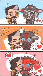 Rule 34 | &gt; &lt;, 1boy, 1other, ambiguous gender, animification, apex hunter bloodhound, apex legends, black jacket, bloodhound (apex legends), blue eyes, blush, chibi, couple, eyepatch, facial hair, fuse (apex legends), grey hair, hair behind ear, heart, helmet, highres, jacket, kiss, kissing cheek, mechanical arms, multicolored hair, mustache, official alternate costume, one eye covered, otezo, scar, scar across eye, scar on face, single mechanical arm, sleeveless, sleeveless jacket, smile, speech bubble, spoken heart, streaked hair, thought bubble