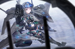 Rule 34 | 1girl, ace combat, ace combat x, aircraft, airplane, armor, bodysuit, boots, commentary request, gloves, gun, headgear, heads-up display, long hair, looking at viewer, machinery, mecha musume, military, military vehicle, personification, pov, grey eyes, silver hair, solo, thighhighs, tom-neko (zamudo akiyuki), weapon, wings, yr-99 forneus