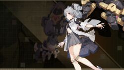 Rule 34 | 1girl, bare legs, black headwear, chinese commentary, covered navel, drill hair, earrings, grey hair, grey skirt, highres, honkai (series), honkai impact 3rd, jacket, jewelry, mechanical arms, official art, official wallpaper, open clothes, open hands, open jacket, parted lips, prometheus (honkai impact), red eyes, simple background, skirt, solo, white jacket, white sleeves