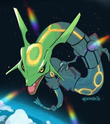 Rule 34 | above clouds, black sclera, claws, cloud, colored sclera, commentary, creatures (company), dragon, eastern dragon, fang, fangs, game freak, gen 3 pokemon, juan (apamaate), legendary pokemon, looking at viewer, nintendo, no humans, pokemon, pokemon (creature), rayquaza, signature, skin fang, solo, space, yellow eyes