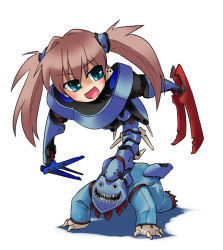 Rule 34 | 1girl, :d, blue eyes, blush, brown hair, creature, foreshortening, full body, headgear, long hair, machinery, mecha, open mouth, outstretched arms, robot, sharp teeth, simple background, smile, solo, stroma, teeth, twintails, what, white background