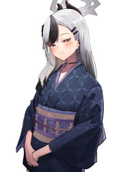 Rule 34 | 1girl, asymmetrical bangs, black hair, black kimono, blue archive, blush, bright pupils, choker, closed mouth, commentary, cowboy shot, ear piercing, hair ornament, hairclip, half-closed eyes, halo, hanabusaraleigh, highres, horns, japanese clothes, kayoko (blue archive), kayoko (new year) (blue archive), kimono, long hair, long sleeves, looking at viewer, multicolored hair, obi, own hands together, piercing, red eyes, sash, simple background, smile, solo, two-tone hair, v arms, white background, white hair, white pupils, wide sleeves