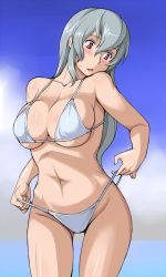 Rule 34 | 00s, 1girl, aged up, bikini, bikini top lift, breasts, clothes lift, cloud, day, large breasts, lifted by self, navel, ocean, outdoors, pink eyes, rozen maiden, silver hair, sky, solo, standing, strap lift, suigintou, swimsuit, tsuda nanafushi
