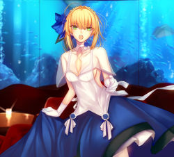 Rule 34 | 1girl, :o, ahoge, aquarium, armpits, artoria pendragon (all), artoria pendragon (fate), blonde hair, blue bow, blue flower, blue ribbon, blue rose, blue skirt, bow, braid, breasts, candle, cleavage, dress, fate/grand order, fate (series), fish, flower, french braid, gloves, green eyes, hair between eyes, hair bow, hair flower, hair ornament, iro (sekaixiro), looking at viewer, ribbon, rose, round teeth, saber (fate), sideboob, sidelocks, skirt, small breasts, solo, table, teeth, type-moon, upper teeth only, white gloves