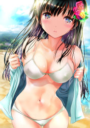 Rule 34 | 1girl, absurdres, beach, bikini, black hair, blue eyes, breasts, cleavage, cloud, cloudy sky, commentary request, cowboy shot, day, covered erect nipples, flower, forest, hair flower, hair ornament, highres, large breasts, long hair, multicolored hair, nature, navel, ocean, ogata tei, open clothes, open mouth, open shirt, original, sky, solo, streaked hair, swimsuit
