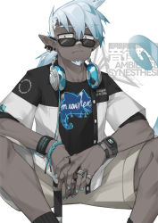 Rule 34 | 1boy, arknights, beard, black shirt, black socks, blue hair, blue nails, brown shorts, commentary request, dark skin, ethan (arknights), facial hair, feet out of frame, hair between eyes, headphones, headphones around neck, jacket, jewelry, looking over eyewear, male focus, nail polish, open clothes, open jacket, ribbed legwear, ring, shirt, short sleeves, shorts, sitting, socks, sokimi (sosojovan), solo, spread legs, sunglasses, sweatband, thick eyebrows, watch, white background, white jacket, wristband, wristwatch