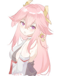 Rule 34 | 1girl, absurdres, detached sleeves, earrings, female focus, from side, genshin impact, hair between eyes, hair ornament, highres, horns, jewelry, light blush, long hair, looking at viewer, luobotou cuncun zhang, off shoulder, pink eyes, pink hair, sidelocks, signature, simple background, solo, teeth, upper body, white background, yae miko