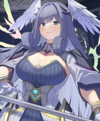 Rule 34 | 1girl, alternate breast size, blue eyes, breasts, cleavage, detached sleeves, detached wings, dress, expressionless, feathered wings, gloves, grey hair, head wings, highres, kinagi (3307377), large breasts, long hair, melia antiqua, ribbed dress, sidelocks, solo, star (sky), two-tone dress, upper body, white dress, wings, xenoblade chronicles (series), xenoblade chronicles 3