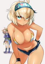 Rule 34 | 2girls, ahoge, bikini, bikini top only, blonde hair, blush, breasts, character request, cleavage, covering face, cutoffs, full-face blush, green eyes, hairband, hand on own hip, large breasts, leaning forward, looking at viewer, multiple girls, naso4, shiny skin, short hair, short shorts, shorts, simple background, skindentation, solo focus, swimsuit, tan, wristband