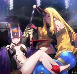 Rule 34 | 2girls, alcohol, ankle ribbon, bare shoulders, barefoot, blonde hair, blush, bob cut, breasts, bridal gauntlets, closed mouth, collarbone, crossed legs, cup, earrings, eyeliner, facial mark, fate/grand order, fate (series), feet, fingernails, floral print, forehead, forehead mark, fpanda, gourd, hair pulled back, headpiece, highres, horns, ibaraki douji (fate), japanese clothes, jar, jewelry, kimono, leg ribbon, legs, licking lips, long hair, long sleeves, looking at viewer, makeup, multiple girls, navel, off shoulder, oni, open clothes, open kimono, pointy ears, purple eyes, purple hair, purple kimono, red ribbon, revealing clothes, ribbon, sakazuki, sake, sharp fingernails, short eyebrows, short hair, shuten douji (fate), sitting, skin-covered horns, slit pupils, small breasts, smile, sword, tattoo, tongue, tongue out, weapon, wide sleeves, yellow eyes, yellow kimono