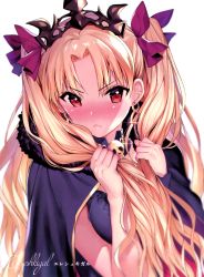 Rule 34 | 1girl, absurdres, blonde hair, blush, bow, cape, character name, earrings, ereshkigal (fate), fate/grand order, fate (series), fur trim, hair bow, hair ornament, highres, holding, holding own hair, jewelry, lips, long hair, mataro (matarou), red eyes, scan, serious, simple background, skull, solo, tohsaka rin, twintails, upper body, white background