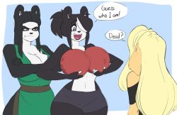 Rule 34 | 3girls, angry, black hair, breasts, dodgeball, furry, green eyes, large breasts, lei (skecchi), multiple girls, panda, purple eyes, shorts, skecchi, thick thighs, thighs, vivian vivi (skecchi), wide hips