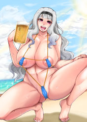 Rule 34 | 1girl, alcohol, beer, blue one-piece swimsuit, blush, breasts, cameltoe, collarbone, covered erect nipples, female focus, hairband, huge breasts, idolmaster, idolmaster (classic), long hair, navel, one-piece swimsuit, open mouth, outdoors, partially visible vulva, plump, purple one-piece swimsuit, red eyes, sagging breasts, shijou takane, shiny skin, silver hair, slingshot swimsuit, solo, spread legs, squatting, swimsuit, thick thighs, thighs, toes, very long hair