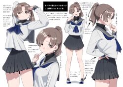 Rule 34 | 1girl, arms up, arrow (symbol), black skirt, black socks, blue neckerchief, breasts, brown eyes, brown hair, character sheet, commentary request, cowboy shot, finger to cheek, from side, full body, grey sailor collar, hand on own hip, hand up, kuro (toi et moi), long sleeves, looking at viewer, medium breasts, multiple views, neckerchief, open mouth, original, parted bangs, pleated skirt, ponytail, sailor collar, school uniform, serafuku, shirt, shoes, simple background, skirt, smile, socks, solo, standing, thighs, thinking, translation request, turtleneck, uwabaki, white background, white footwear, white shirt