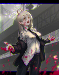 Rule 34 | 1girl, black pants, blonde hair, blood, blood on clothes, blood on hands, chainsaw man, collared shirt, cross-shaped pupils, crosshair pupils, fangs, hair between eyes, highres, horns, long hair, long sleeves, looking at viewer, mkkgraphic, necktie, open mouth, outdoors, pants, power (chainsaw man), sharp teeth, shirt, shirt partially tucked in, solo, standing, symbol-shaped pupils, teeth, white shirt, yellow eyes