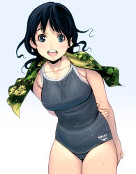 Rule 34 | 1girl, bad id, bad pixiv id, bare shoulders, black hair, blue eyes, breasts, covered erect nipples, cowboy shot, gradient background, holding own arm, kouno (masao), leaning forward, long hair, medium breasts, one-piece swimsuit, open mouth, school swimsuit, smile, solo, swimsuit, towel, towel around neck, wet