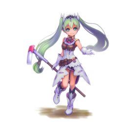 Rule 34 | 1girl, amelia00, ascot, boots, frey (rune factory), gloves, green eyes, green hair, hoe, jewelry, long hair, matching hair/eyes, miniskirt, rune factory, rune factory 4, skirt, sleeveless, smile, solo, tiara, twintails, worktool