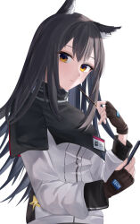 Rule 34 | 1girl, animal ears, arknights, black capelet, black hair, brown gloves, capelet, character name, closed mouth, collared capelet, commentary request, expressionless, eyes visible through hair, fingerless gloves, food, gloves, hands up, high collar, highres, holding, holding food, jacket, long hair, long sleeves, looking at viewer, partial commentary, pocky, shouga chahan, simple background, solo, star (symbol), texas (arknights), upper body, white background, white jacket, wolf ears, wolf girl, yellow eyes