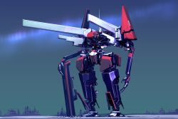 Rule 34 | absurdres, aurora, gun, highres, holding, holding gun, holding weapon, ksenolog, looking at viewer, mecha, no humans, original, outdoors, planted, planted, robot, silhouette, size difference, snow, standing, tree, weapon