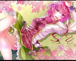 Rule 34 | 1girl, bad id, bad pixiv id, bandages, cherry blossoms, chinese clothes, cuffs, double bun, female focus, ibaraki kasen, crossed legs, lying, pink eyes, pink hair, rukito, shackles, short hair, sitting, solo, touhou