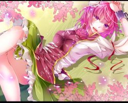 1girl bad_id bad_pixiv_id bandages cherry_blossoms chinese_clothes cuffs double_bun female_focus ibaraki_kasen crossed_legs lying pink_eyes pink_hair rukito shackles short_hair sitting solo touhou