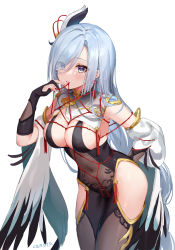 Rule 34 | 1girl, absurdres, arm behind back, breast curtain, breasts, cleavage, cowboy shot, detached sleeves, eyes visible through hair, genshin impact, grey hair, hair ornament, hair over one eye, highres, large breasts, long hair, looking at viewer, shenhe (genshin impact), simple background, solo, standing, thighs, very long hair, white background, ziyue