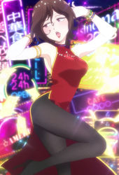Rule 34 | 10s, 1girl, bracelet, breasts, brown hair, china dress, chinese clothes, dagashi kashi, dress, female focus, high heels, highres, jewelry, large breasts, lipstick, makeup, owari hajime, pumps, red lips, red lips, screencap, shoes, short hair, sparkle, stitched, third-party edit