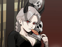 Rule 34 | 1girl, black dress, braid, breasts, candy, cleavage, dress, food, gogalking, grey hair, holding, holding candy, holding food, holding lollipop, horns, large breasts, lollipop, looking at viewer, original, parted bangs, parted lips, red eyes, single braid, skull, slit pupils, solo